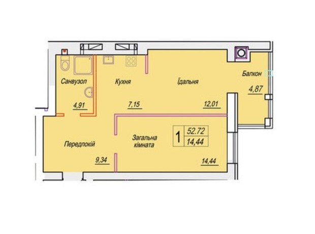 ЖК Смарт Сіті 3: планування 1-кімнатної квартири 52.72 м²
