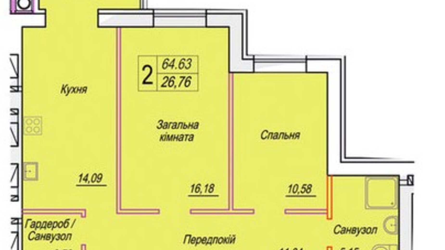 Планировка 2-комнатной квартиры в ЖК Смарт Сити 3 64.63 м², фото 690950
