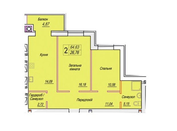 ЖК Смарт Сити 3: планировка 2-комнатной квартиры 64.63 м²