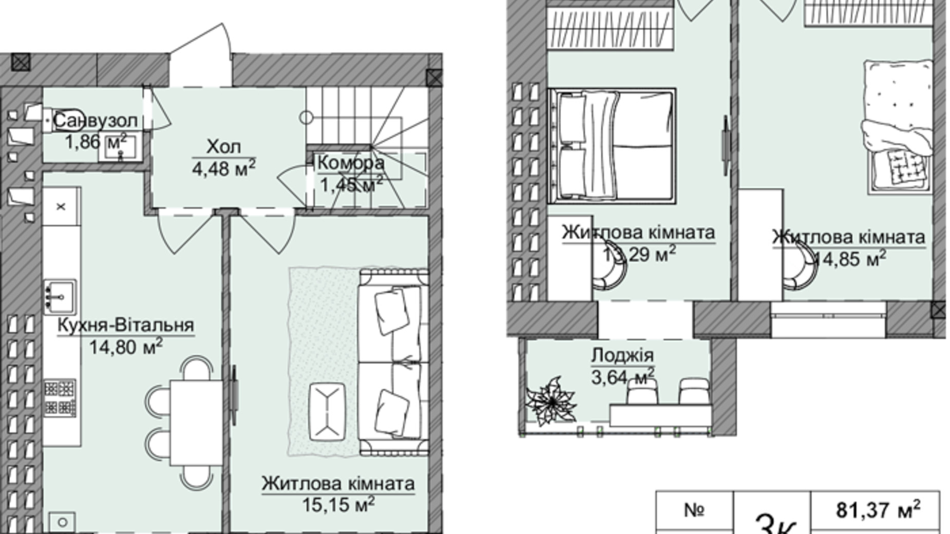 Планировка много­уровневой квартиры в ЖК Теплый дом Plus 86.8 м², фото 690951