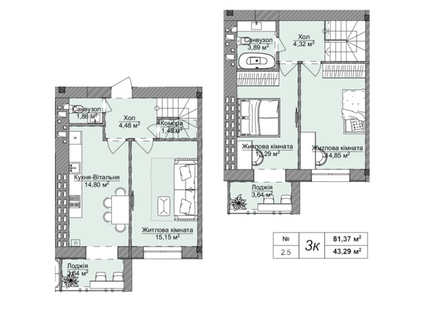 ЖК Теплый дом Plus: планировка 3-комнатной квартиры 86.8 м²