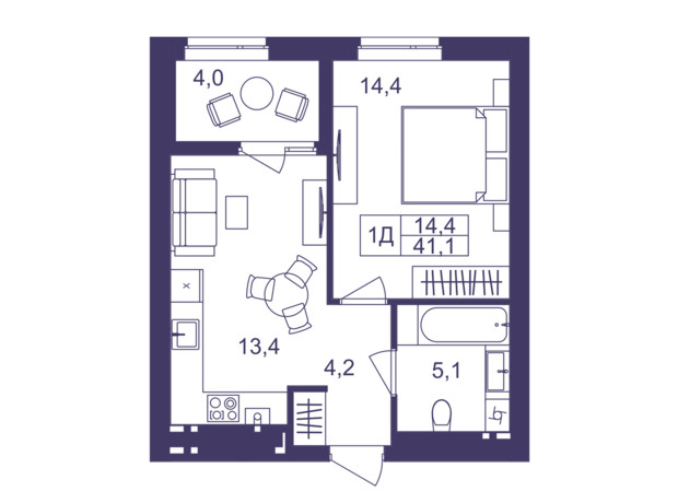 ЖК Lavanda Park: планировка 1-комнатной квартиры 41.1 м²