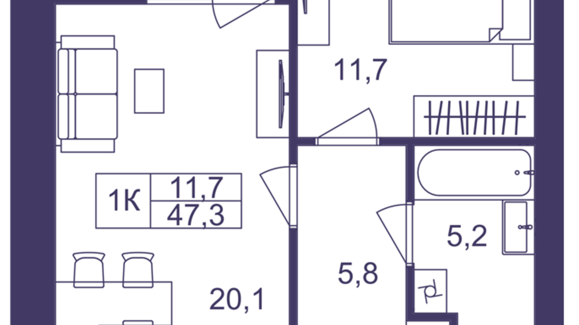 Планировка 1-комнатной квартиры в ЖК Lavanda Park 47.3 м², фото 691300