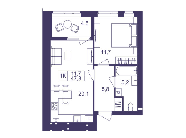 ЖК Lavanda Park: планування 1-кімнатної квартири 47.3 м²