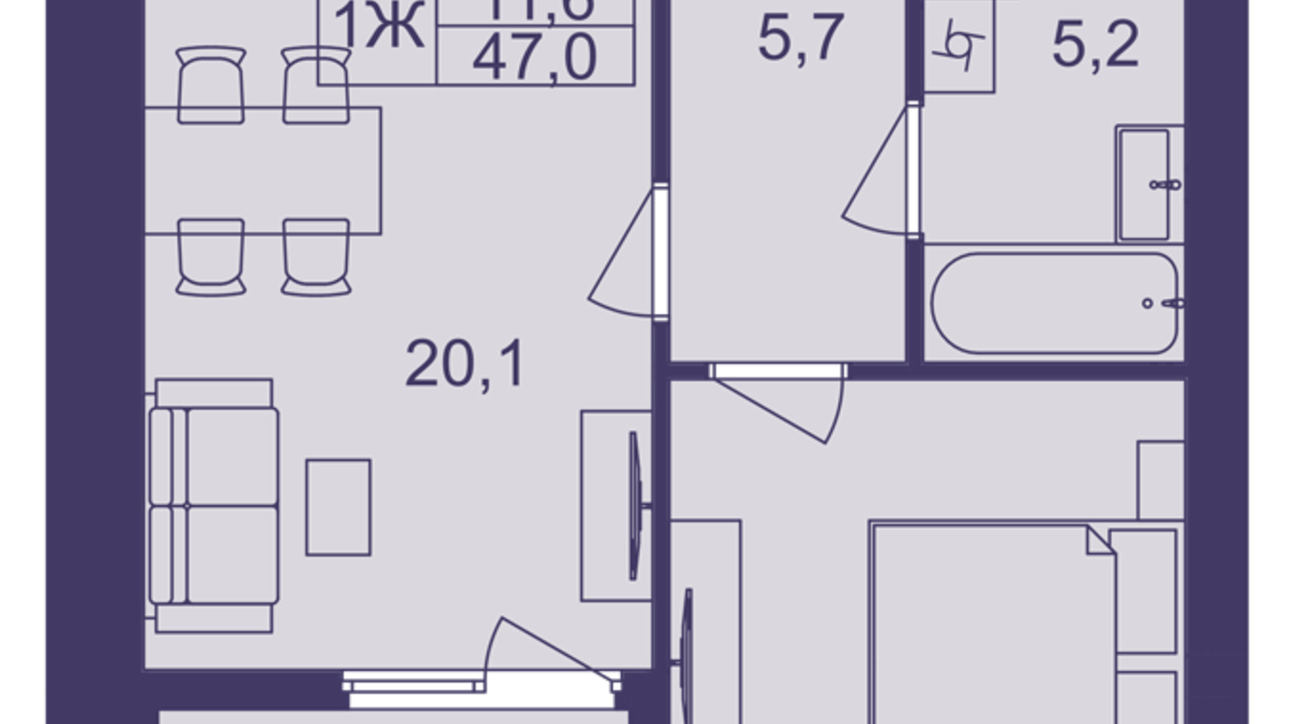 Планування 1-кімнатної квартири в ЖК Lavanda Park 47 м², фото 691301