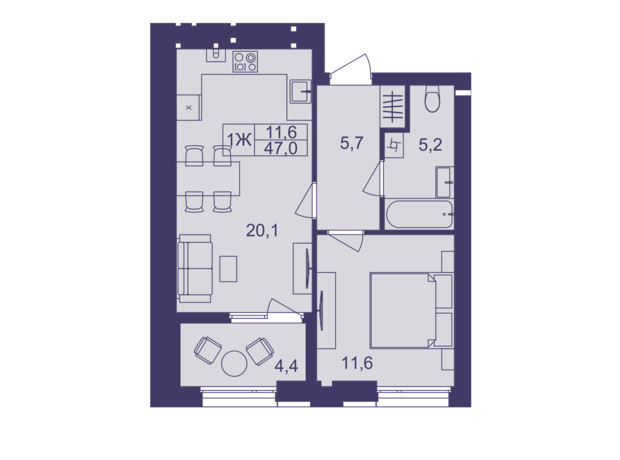 ЖК Lavanda Park: планування 1-кімнатної квартири 47 м²