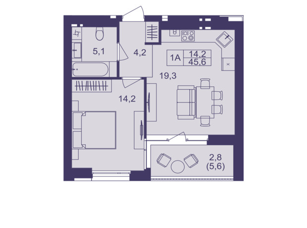 ЖК Lavanda Park: планировка 1-комнатной квартиры 45.6 м²