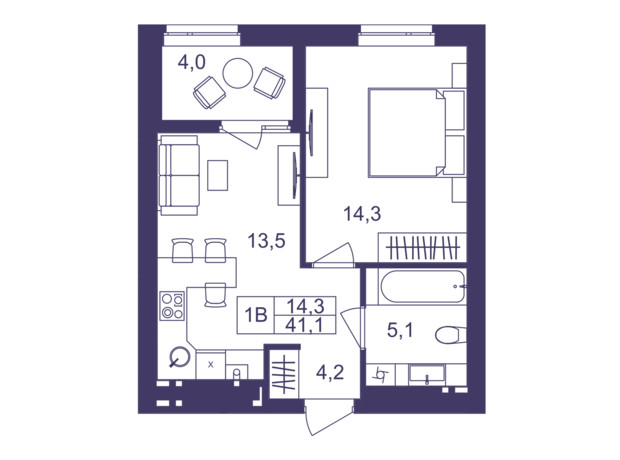 ЖК Lavanda Park: планування 1-кімнатної квартири 41.1 м²