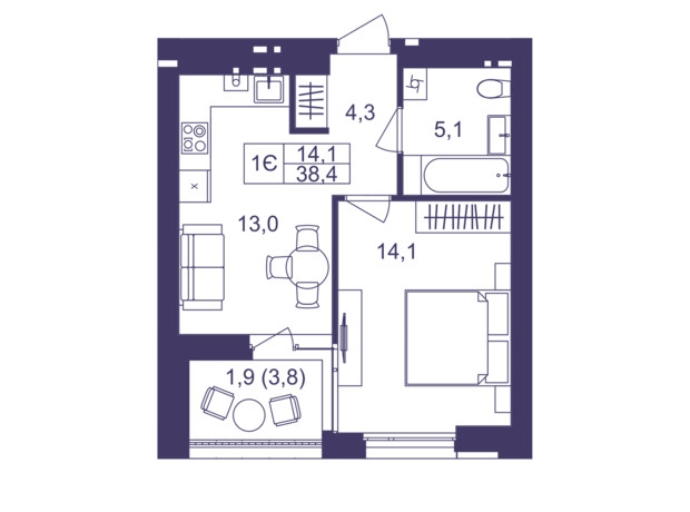 ЖК Lavanda Park: планування 1-кімнатної квартири 38.4 м²