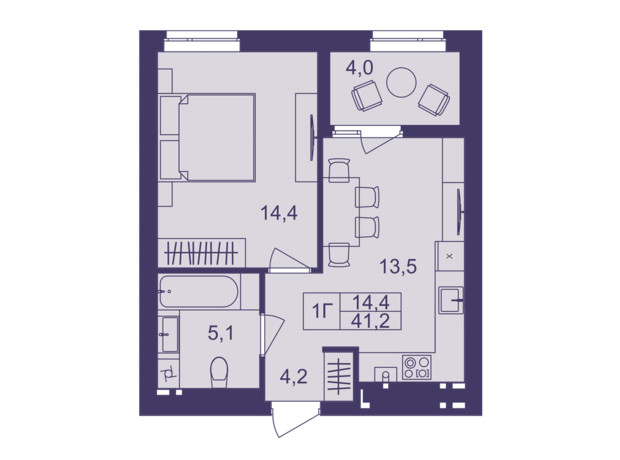 ЖК Lavanda Park: планування 1-кімнатної квартири 41.2 м²