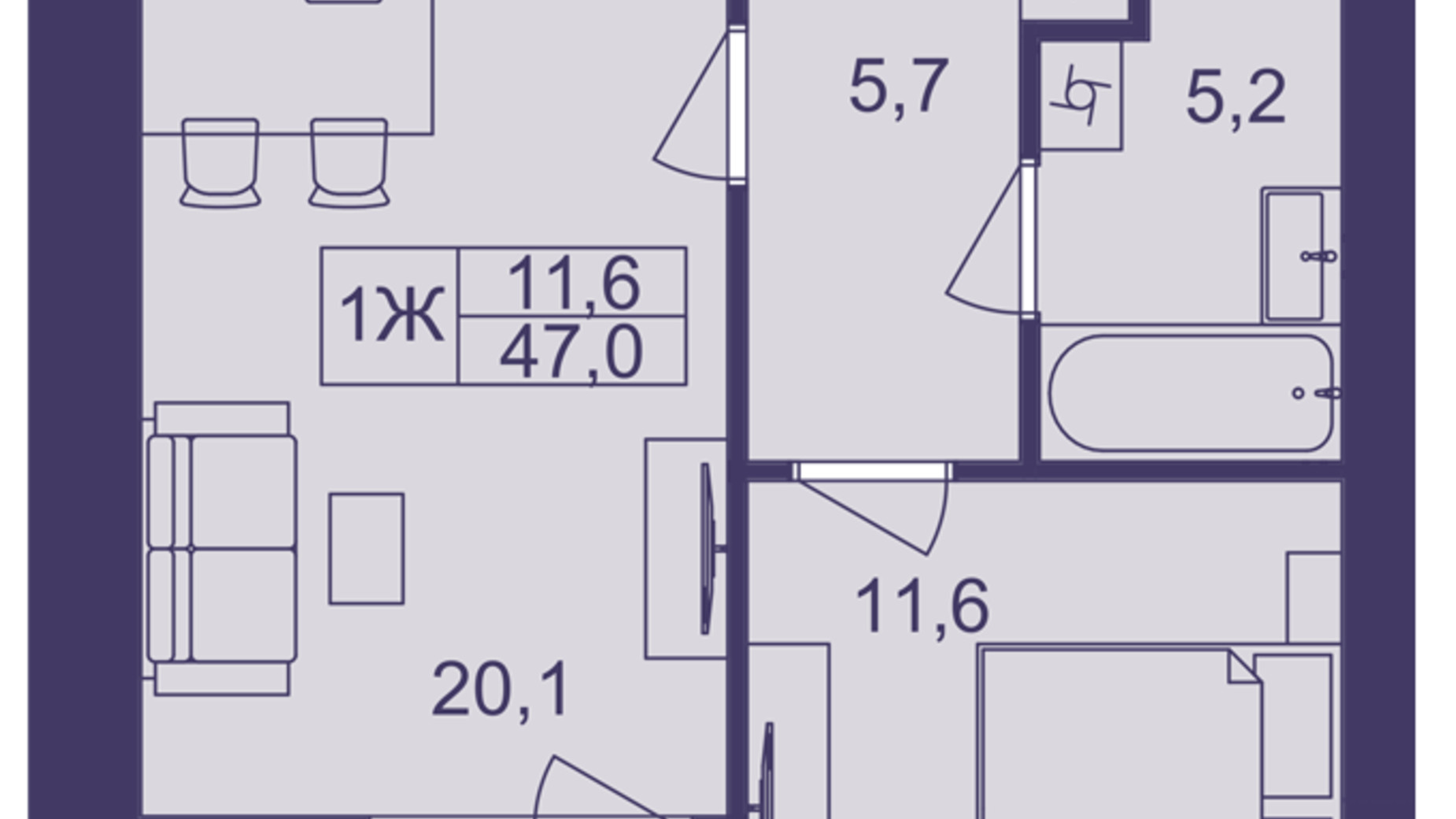 Планування 1-кімнатної квартири в ЖК Lavanda Park 47 м², фото 691309