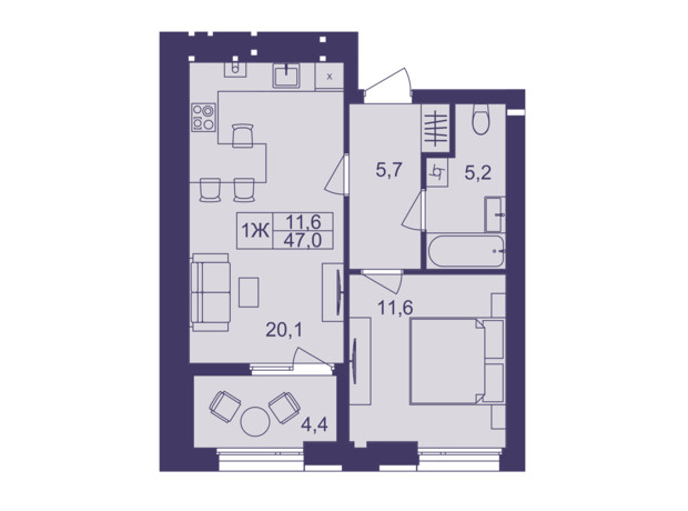 ЖК Lavanda Park: планування 1-кімнатної квартири 47 м²