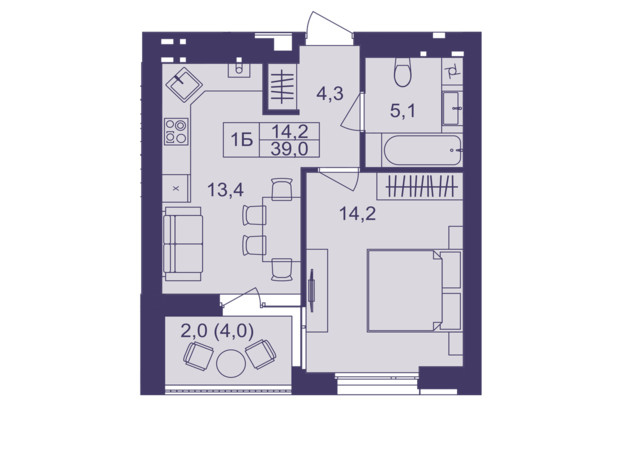 ЖК Lavanda Park: планування 1-кімнатної квартири 39 м²