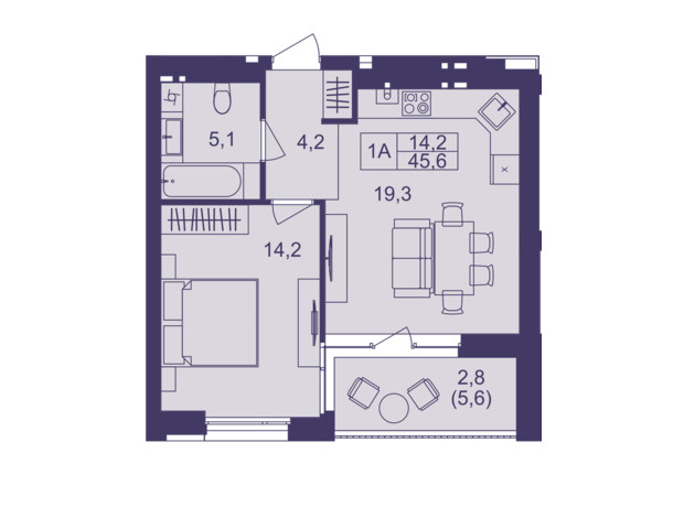 ЖК Lavanda Park: планування 1-кімнатної квартири 45.6 м²