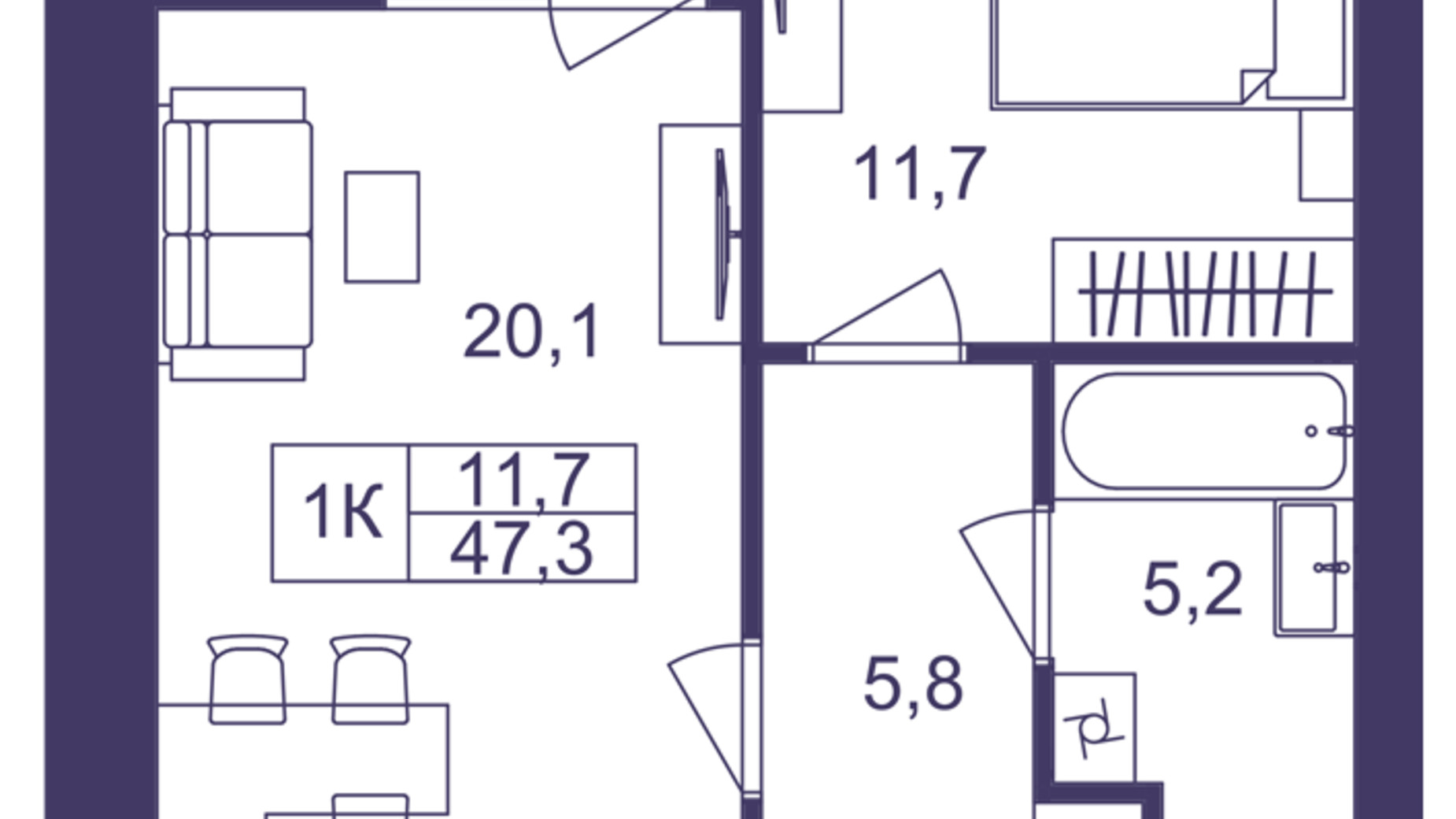 Планировка 1-комнатной квартиры в ЖК Lavanda Park 47.3 м², фото 691315