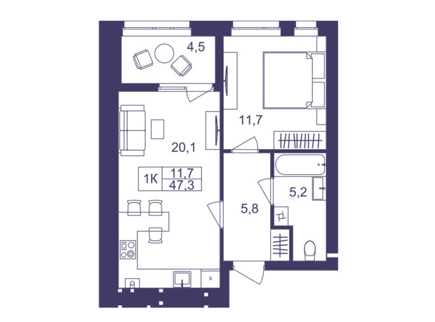 ЖК Lavanda Park: планування 1-кімнатної квартири 47.3 м²