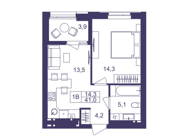 ЖК Lavanda Park: планування 1-кімнатної квартири 41 м²