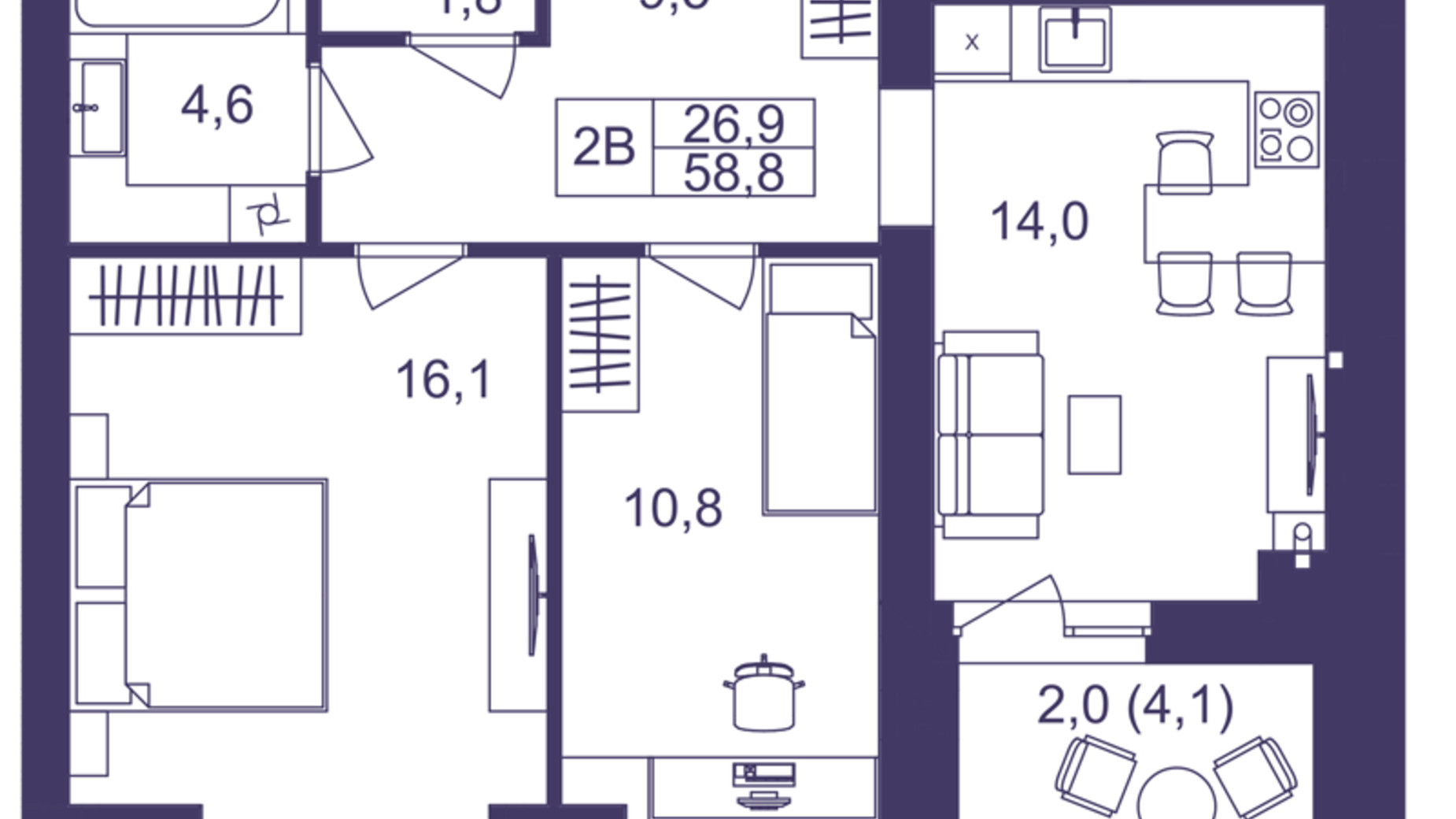 Планування 2-кімнатної квартири в ЖК Lavanda Park 58.8 м², фото 691318