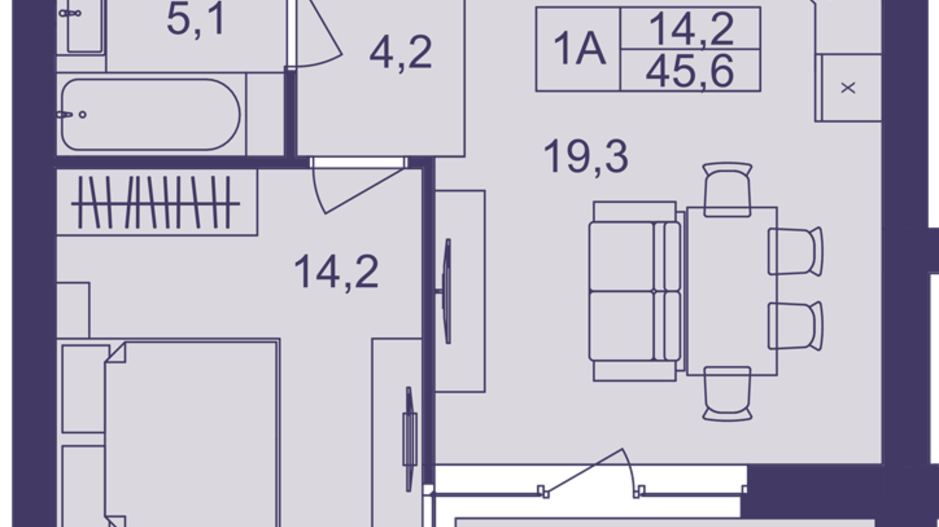 Планування 1-кімнатної квартири в ЖК Lavanda Park 45.6 м², фото 691321