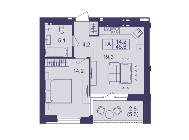 ЖК Lavanda Park: планування 1-кімнатної квартири 45.6 м²