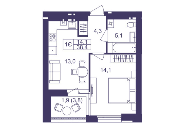 ЖК Lavanda Park: планування 1-кімнатної квартири 38.4 м²
