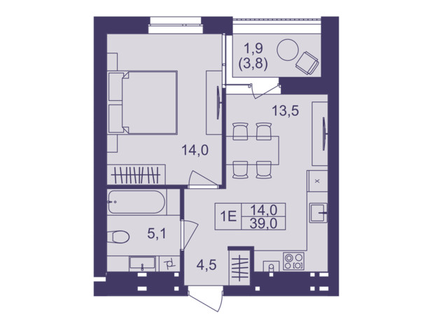 ЖК Lavanda Park: планировка 1-комнатной квартиры 39 м²