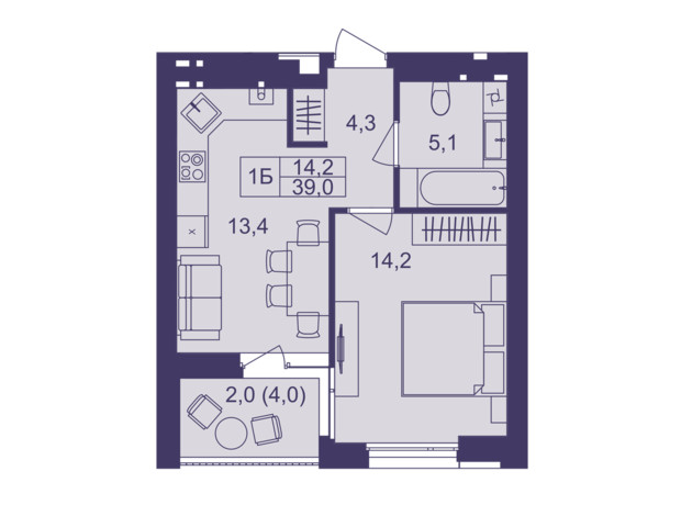 ЖК Lavanda Park: планировка 1-комнатной квартиры 39 м²