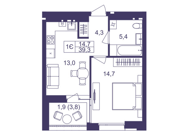 ЖК Lavanda Park: планування 1-кімнатної квартири 39.3 м²