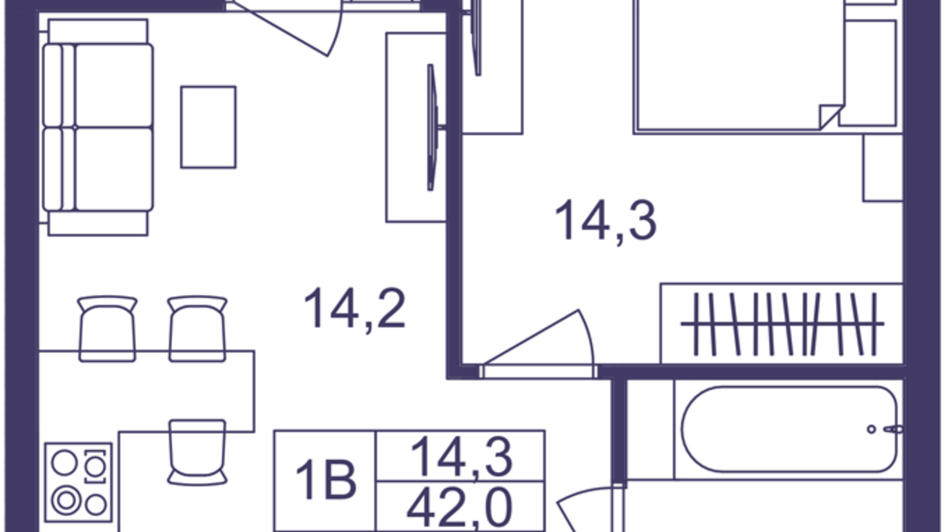 Планировка 1-комнатной квартиры в ЖК Lavanda Park 42 м², фото 691332