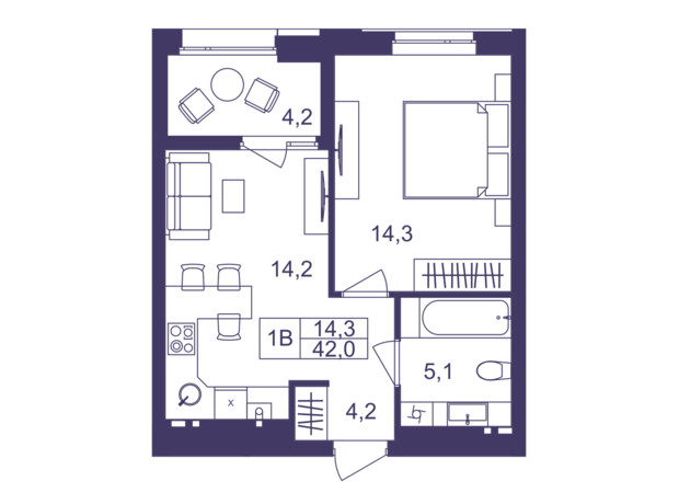 ЖК Lavanda Park: планування 1-кімнатної квартири 42 м²