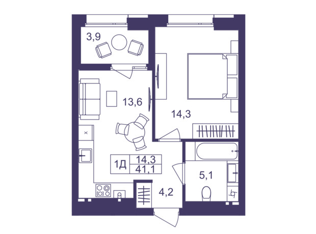 ЖК Lavanda Park: планування 1-кімнатної квартири 41.1 м²