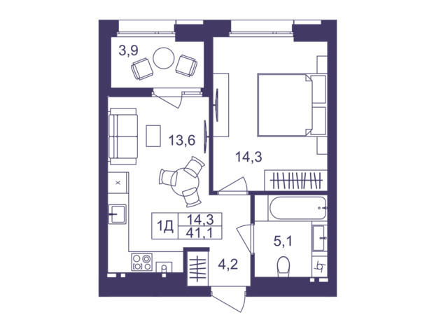 ЖК Lavanda Park: планировка 1-комнатной квартиры 41.1 м²