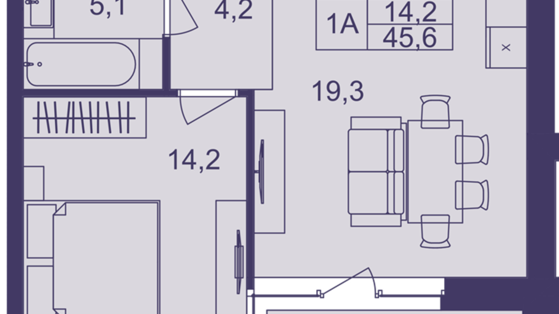 Планировка 1-комнатной квартиры в ЖК Lavanda Park 45.6 м², фото 691336