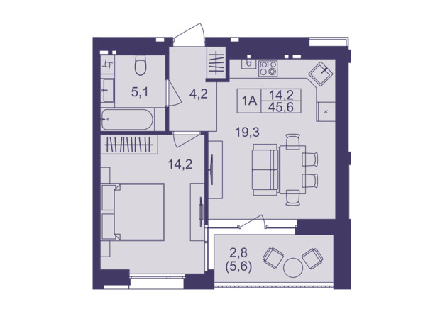 ЖК Lavanda Park: планування 1-кімнатної квартири 45.6 м²