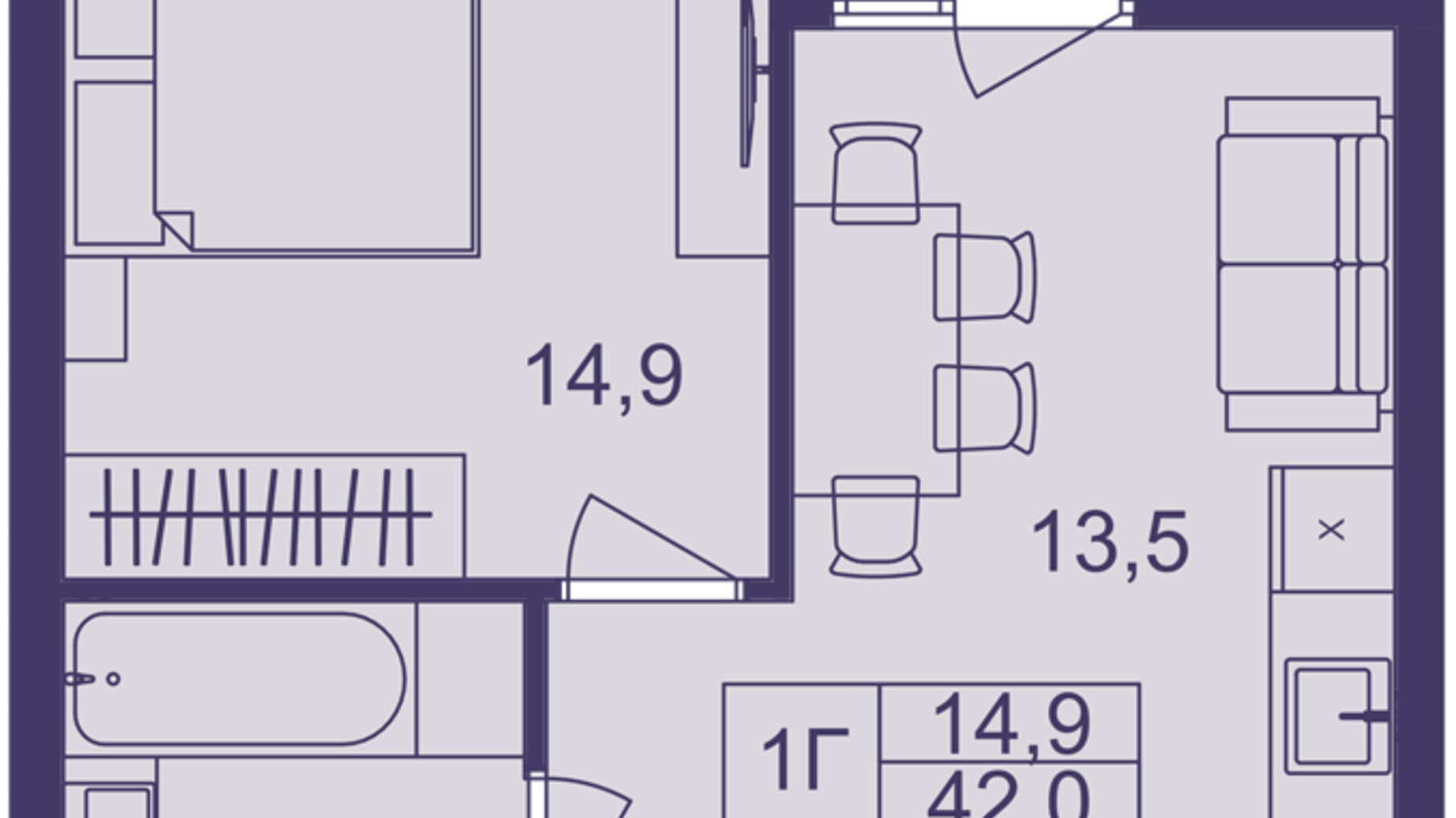Планування 1-кімнатної квартири в ЖК Lavanda Park 42 м², фото 691338