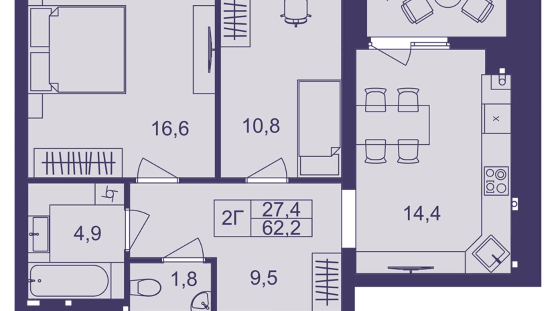 Планировка 2-комнатной квартиры в ЖК Lavanda Park 62.2 м², фото 691341