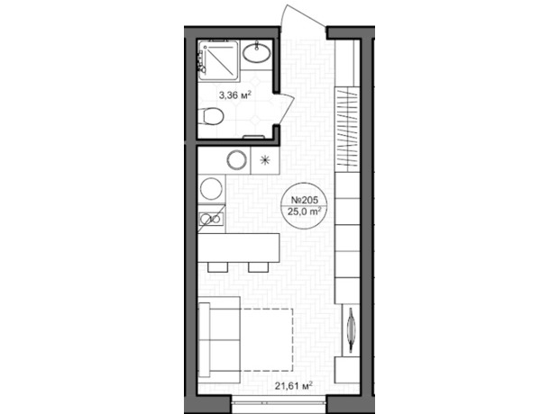 Апарт-комплекс Coliving Akadem: планировка 1-комнатной квартиры 25 м²