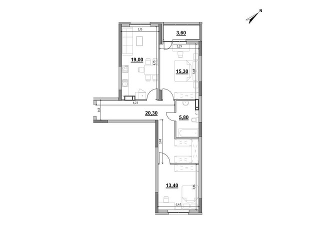 ЖК Ok'Land: планування 2-кімнатної квартири 77.4 м²