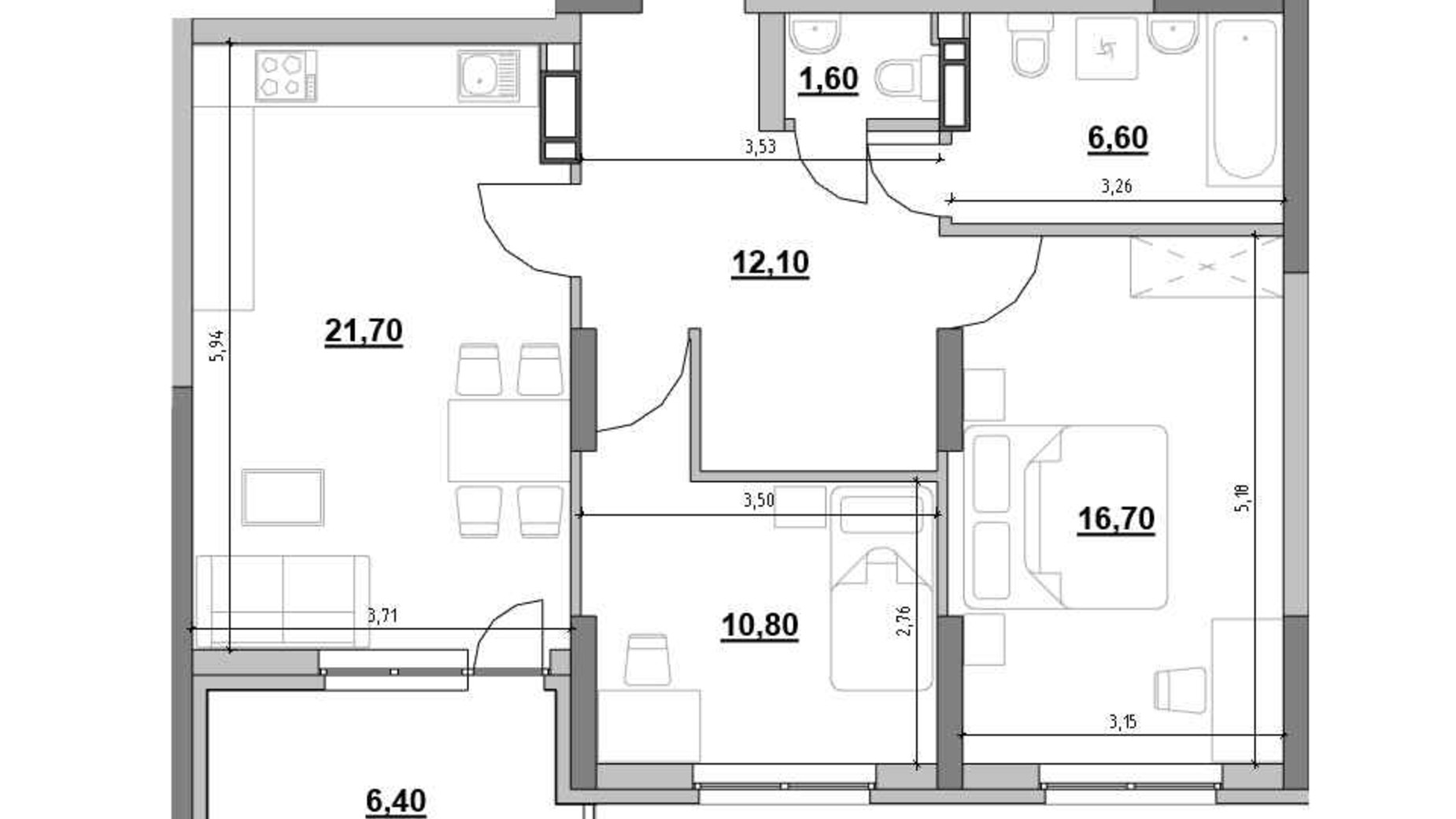 Планировка 2-комнатной квартиры в ЖК Ok'Land 75.9 м², фото 691608
