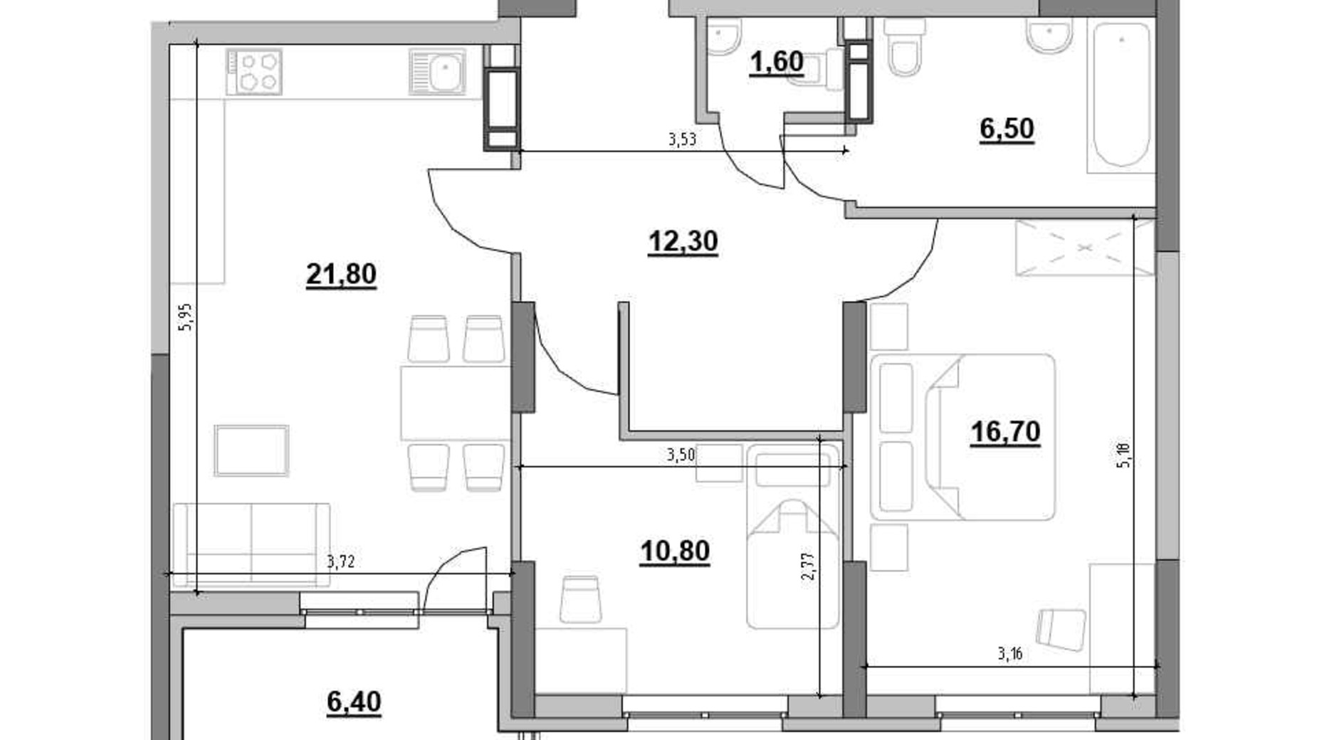 Планировка 2-комнатной квартиры в ЖК Ok'Land 76.1 м², фото 691609