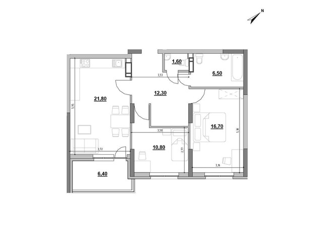 ЖК Ok'Land: планування 2-кімнатної квартири 76.1 м²