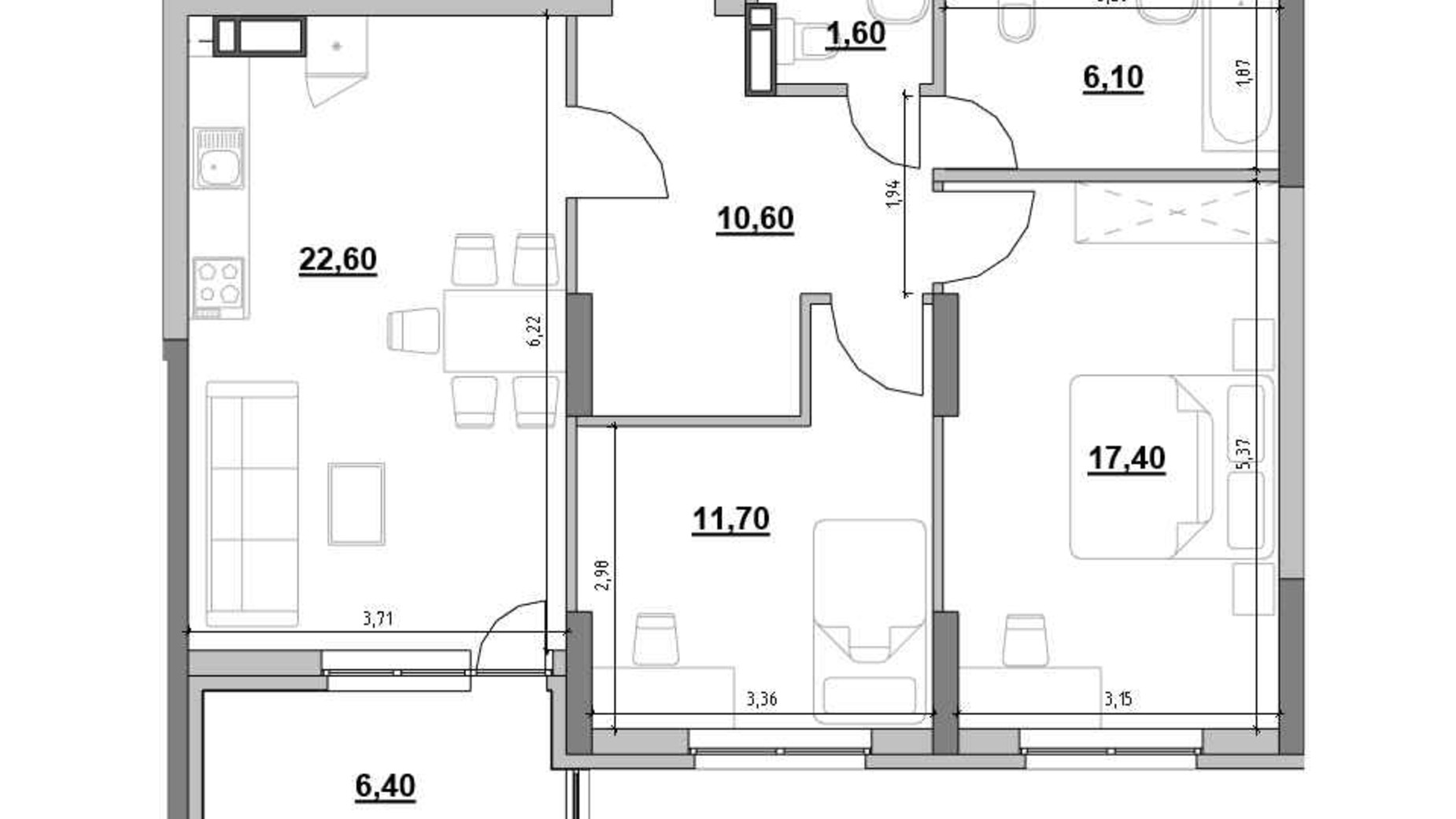 Планировка 2-комнатной квартиры в ЖК Ok'Land 76.4 м², фото 691610