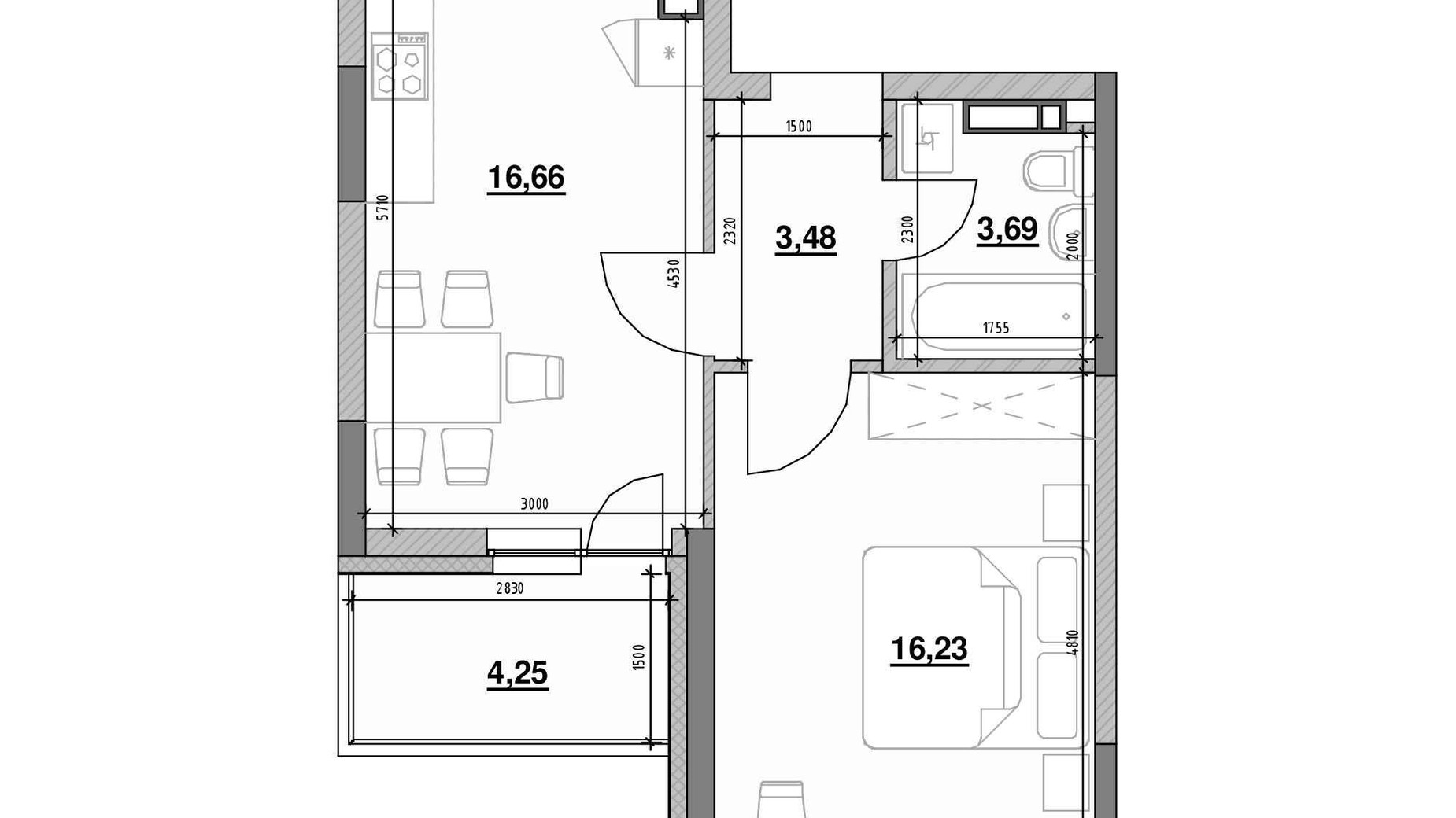Планування 1-кімнатної квартири в ЖК Ok'Land 44.31 м², фото 691612