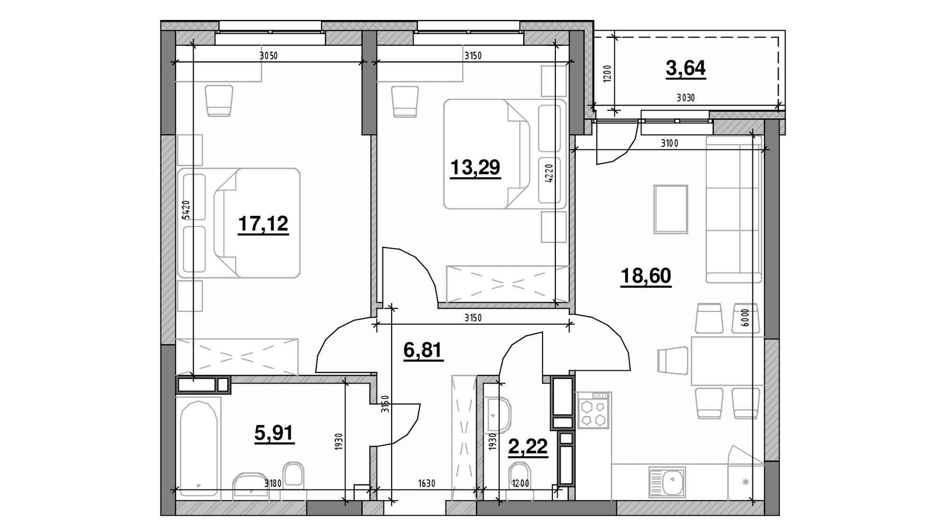 Планировка 2-комнатной квартиры в ЖК Ok'Land 67.59 м², фото 691613