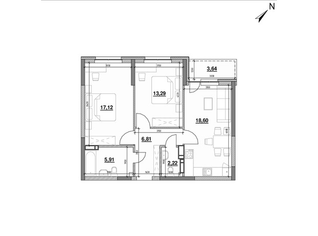 ЖК Ok'Land: планировка 2-комнатной квартиры 67.59 м²