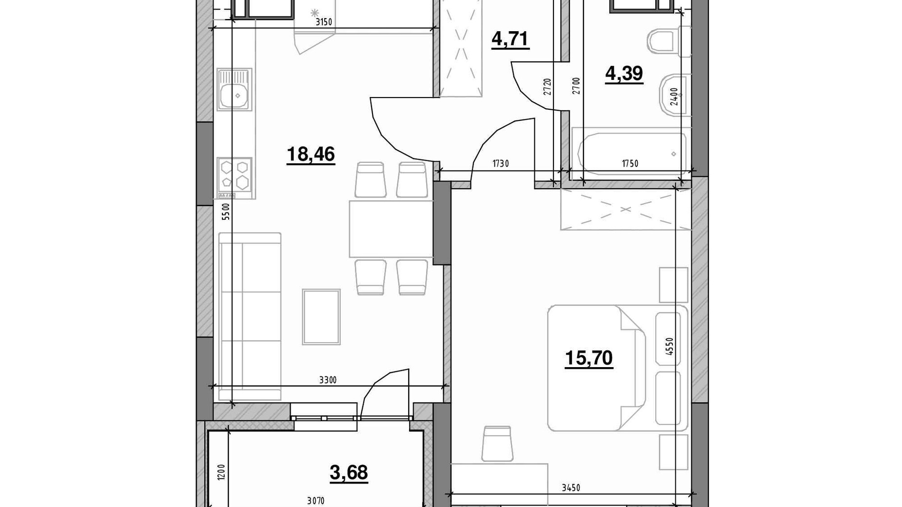 Планування 1-кімнатної квартири в ЖК Ok'Land 46.94 м², фото 691614