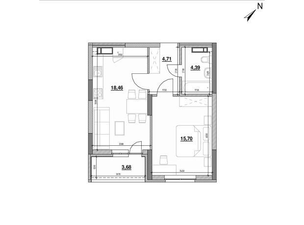 ЖК Ok'Land: планировка 1-комнатной квартиры 46.94 м²