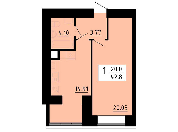 ЖК Кольоровий: планировка 1-комнатной квартиры 42.8 м²