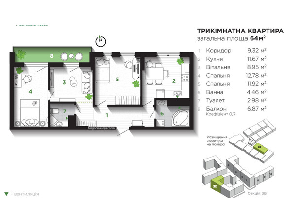 ЖК Паркова Алея: планування 3-кімнатної квартири 64 м²