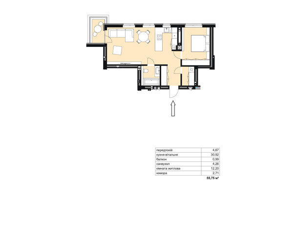 ЖК Central Park: планування 1-кімнатної квартири 55.75 м²